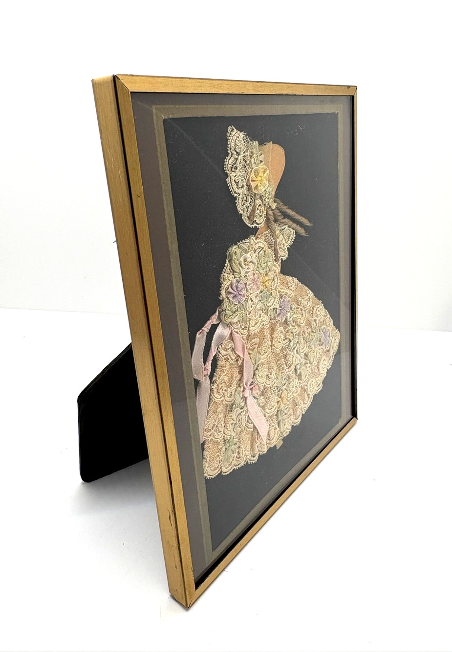 VTG Ribbon and Lace Art Dressed Paper Doll Southern Belle Metal Framed 6x7.5 "